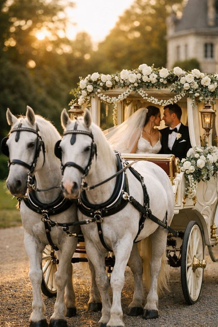 Location d'une calèche avec chevaux pour un mariage champêtre
