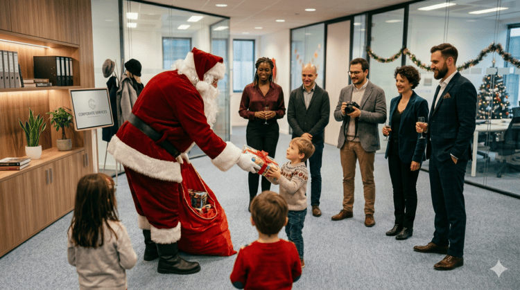 Père Noël en entreprise : distribution de cadeaux aux enfants